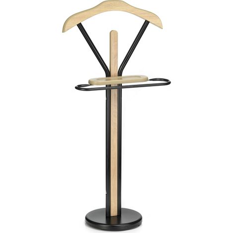Idimex – Valet de chambre Matteo en métal et bois laqué noir – Support pour pantalon et cravate – Tablette vide-poche pratique – Design moderne