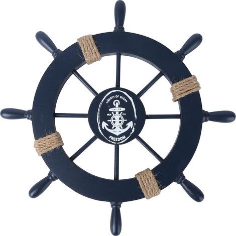 1 roue de bateau en bois bleu foncé, décorée au mur. (1/5)
