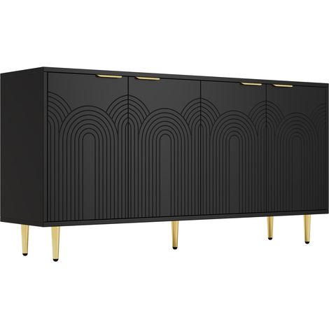 Buffet de salon noir 4 portes 160x80x40 cm, poignées or brossé et pieds brillants (1/5)