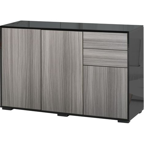High Gloss Side Cabinet, Push-Open Design with 2 Drawers 2 Cabinets for Living Room, 74H x 117W x 36Dcm, Light Grey Black (1/5)