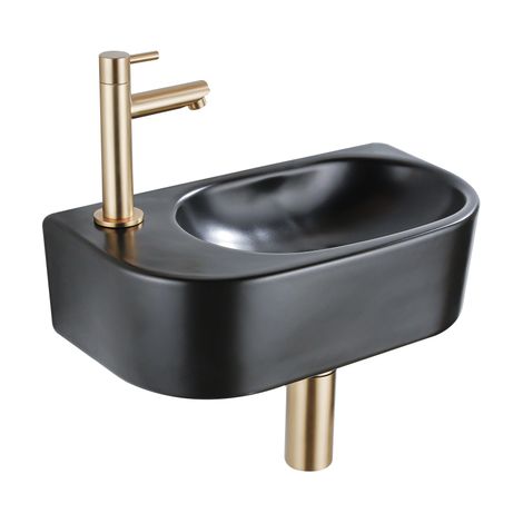 QeramiQ Fuente Ensemble de lavabo - 40x21.5x12cm - gauche - lisse - demi-rond - 1 trou de robinet - céramique - robinet de lavabo en laiton brossé - (1/5)