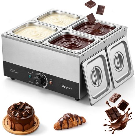 VEVOR Máquina para Derretir Chocolate 1200 W 4 Tanques, Fundidora de Chocolate de Acero Inoxidable, Rango de Temperatura de 30°C a 85°C, Sistema de Calentamiento por Baño de Agua, para Queso y Leche