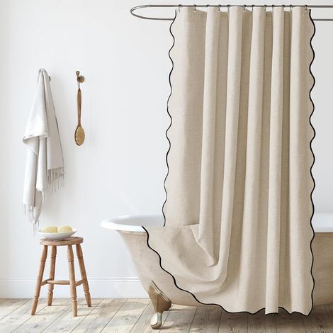 Rideau de Douche en Lin Texturé 90x180cm, Rideau de Douche Étroit, Imperméable, Anti-moisissure, Lavable pour Salle de Bain avec Anneaux, Beige (1/3)