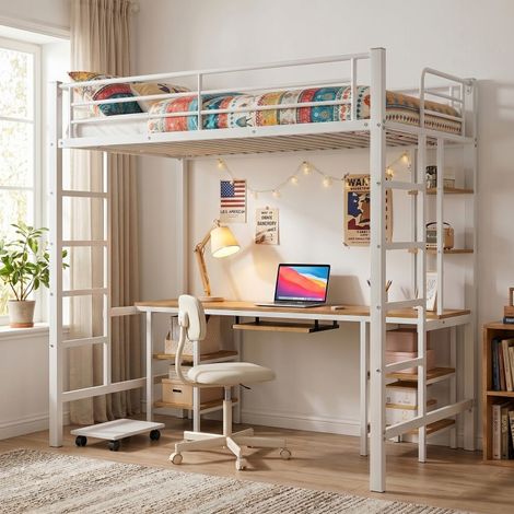 Lit Mezzanine 90x200 cm en Métal avec Bureau,3 Étagères et 2 Echelles,Lit superposé pour Enfants et Adultes,style Industriel - Blanc