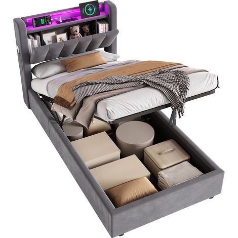 Bett 90x200 cm Gepolstert mit Hydraulischem Bettkasten, Integrierter LED und USB, Weicher Samt, MDF/Metall-Struktur - Moderne Platzsparende Lösung