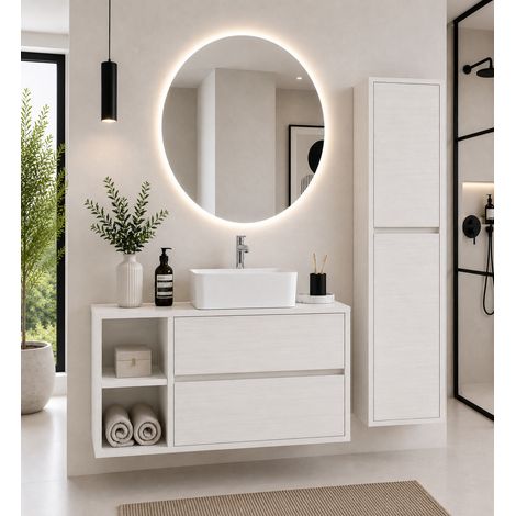 Bathroom cabinet with wooden countertop and countertop basin ORIGENBATH ZEUS without mirror 90x45 cm left Blanco nordico with column (1/5)