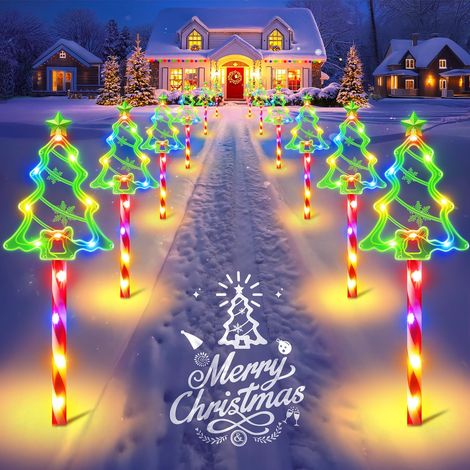 Lot de 12 guirlandes lumineuses solaires de Noël pour allée, 10 modes dynamiques avec 156 décorations LED multicolores, piquets étanches de 9 m pour allées extérieures, pelouses et porches, vert festi (1/5)