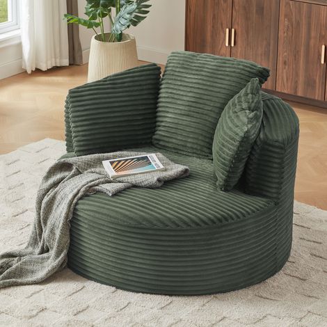 Sillón redondo ergonómico de pana con asiento profundo y cojines, sin montaje, verde (1/4)