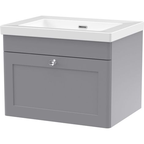 Swynnerton Traditional 1 Drawer Wall Hung Vanity Unit with Fireclay Basin, Satin Grey, 600mm