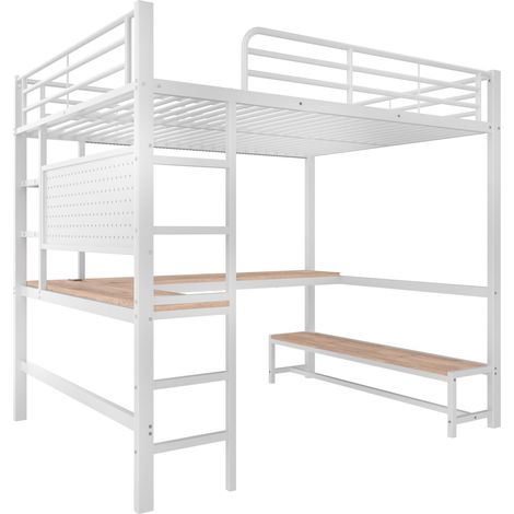 Cama alta 140 x 200 cm de metal con escritorio, LED, USB-C, estantes, blanco (1/5)