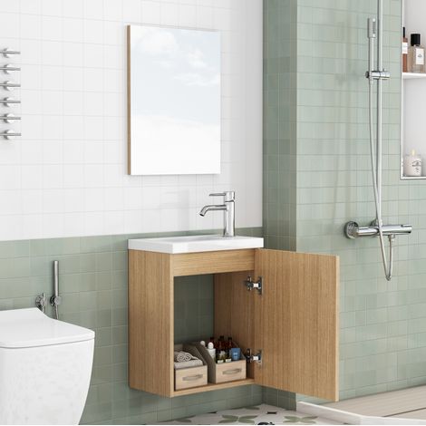 Mobile bagno sospeso 40 x 25 x 48 cm, lavabo in ceramica e specchio, rovere HAVRYA (1/5)
