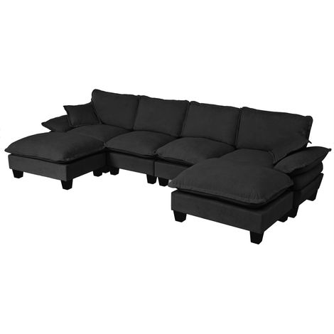 Sofá Modular 6 Plazas, Asientos Acolchados, Reposabrazos Desmontables, Ottoman Móvil, Chenilla, Negro, 323 x 151 x 90 cm (1/5)