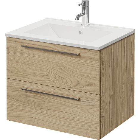 Napoli 460 Light Oak 600mm Wall Mounted 2 Drawer Vanity Unit with Angel Basin - 600mm - Chrome 320mm Handle