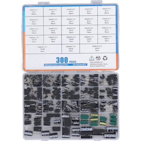 Kit 300 pièces 23 valeurs condensateurs électrolytiques radiaux aluminium 10-2200µF 10V 16V 25V 35V 50V boîte