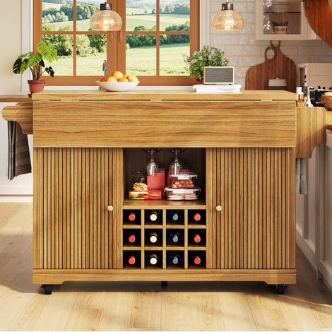 Îlot de cuisine mobile avec rangements, étagères réglables, porte-bouteilles, marron HAVRYA (1/5)