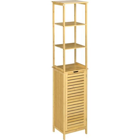 Meuble colonne de salle de bain avec 3 étagères et placard porte persienne en bambou (1/5)