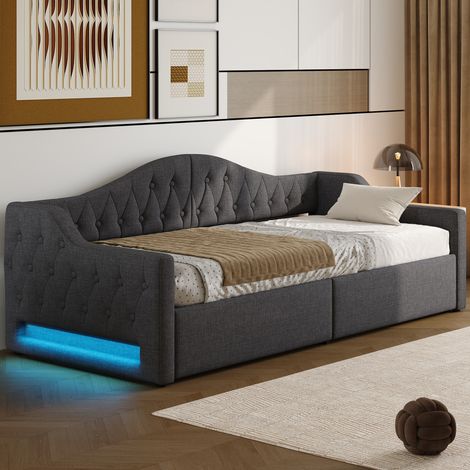 MEUBLIV Cama diván 90x200 cm gris con LED, almacenaje y tela capitoné, sin colchón (1/5)