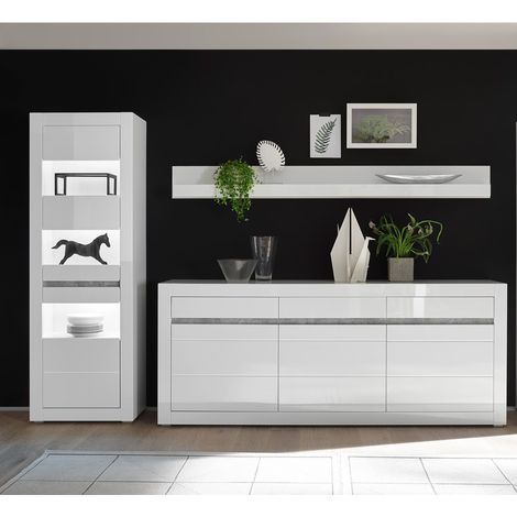 Wohnwand Vitrinen und Sideboard Set in Hochglanz weiß COGO-61 modernes Design mit Griffmulden in Betonoptik BxHxT: 298x162x42cm (1/5)