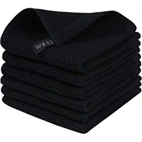 Lot de 6 torchons en coton, ultra-absorbants, à motif gaufré, séchage rapide, torchons de cuisine haut de gamme avec cintre, 34 x 34 cm, noirs (1/5)