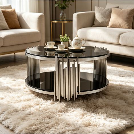 Table basse ronde 80x80x45 cm en verre trempé noir, double plateau, pour salon – MEUBLIV (1/5)