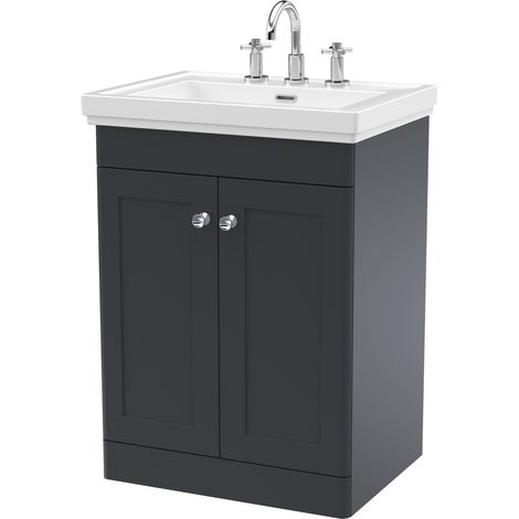 Nuie Classique Floor Standing 2-Door Vanity Unit with Basin 600mm Wide Satin Anthracite - 3 Tap Hole (1/5)