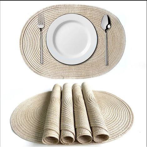 Sets de table ovales tissés en tissu, deux pièces, beige, grande taille (1/4)