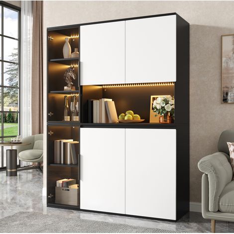 Vitrine noire et blanche 120x40x160 cm, MDF et verre, avec éclairage LED, rangement ouvert et fermé (1/5)