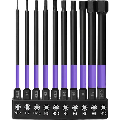 Lot de 10 forets à clés Allen de 100 mm, embouts de tournevis hexagonaux longs en acier S2 pour perceuse H1,5-H10 1/4" (1/5)