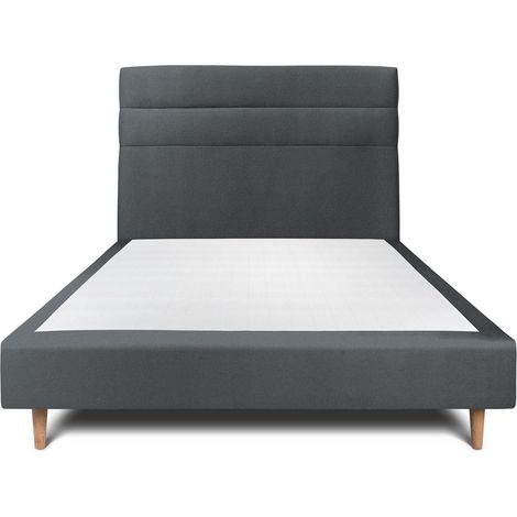 Lit 135x190cm avec tête de lit lignes velours et sommier tapissier gris anthracite - Hauteur totale : 35cm (1/5)