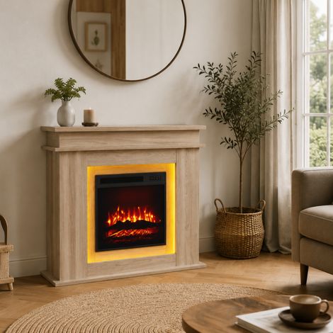 Cheminée électrique sur pied 750W/1500W, fausse cheminée decorative 3D, Poêle Électrique, avec LED, Chêne (1/5)