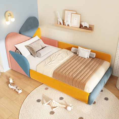 Cama infantil 90x200 cm en terciopelo azul multicolor con laterales elevados y cabecero acolchado, sin colchón (1/5)