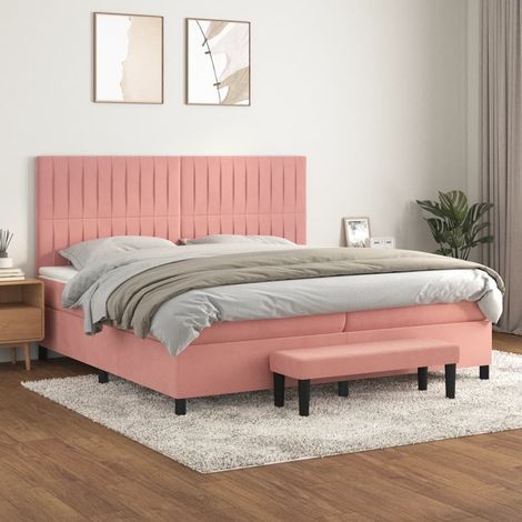 Lit 200 x 200 cm avec sommier à lattes, matelas et banc en velours rose - PANGIVO (1/5)