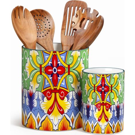 Lot de 2 Porte-Ustensiles de Cuisine, 18,6 cm + 14 cm, Support Ustensiles en Céramique Style Bohème, Pot Ustensiles Cuisine pour Cuillères, Spatules et Pinceaux, Fleur Dorée (1/5)