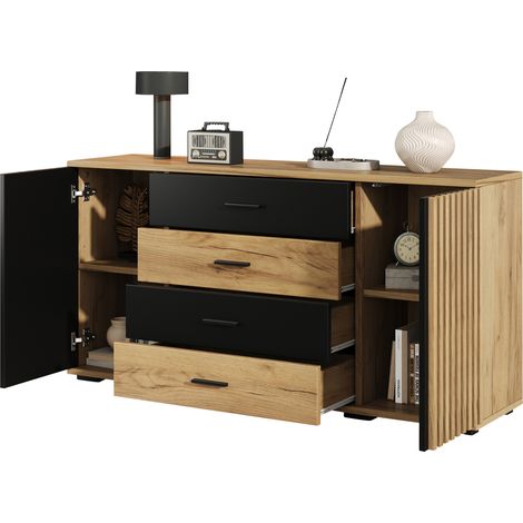 CHICFURN Credenza 140x35x70 cm in MDF nero effetto rovere, 4 cassetti e 2 ante (1/5)
