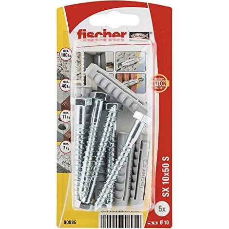 Fischer – Bouchons à vis 10x50mm – Pack de 5 unités – Nylon pour béton, maçonnerie et plâtre – Quadruple expansion pour fixation sécurisée (1/10)