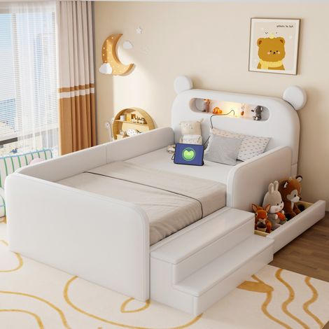 Lit enfant rembourré 90x200cm tête de lit en forme d'ours, veilleuse, USB, rangement, marchepied-siège, similicuir blanc sûr, lit simple (sans Matelas) (1/5)