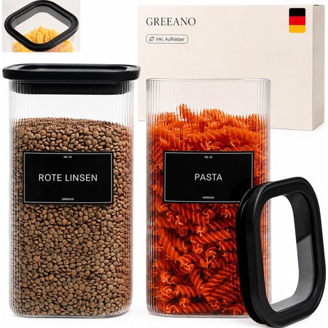 Lot de 2 bocaux de conservation carrés avec couvercle en verre 1500 ml – Boîtes de conservation en verre hermétiques et anti-mites – Bocaux de rangement de cuisine pour aliments, pâtes (1/5)