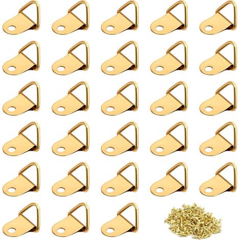Paquete de 100 anillas triangulares pequeñas de acero para marcos de fotos con tornillos, gancho triangular con caja transparente, anilla de elevación de un solo orificio para colgar cuadros y relojes
