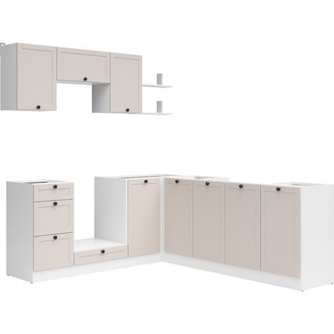 Cuisine d'angle complète 200x220 cm, Meubles de cuisine modulables coloris blanc/uni cachemire, plan de travail Non inclus (1/5)