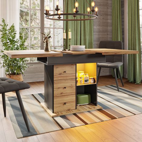 Table à manger extensible 110-140×80 cm avec éclairage LED– Table de cuisine rétro pour 4 à 6 personnes – Gain de place pour cuisine ou salon – Table modulable escamotable