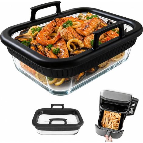 Plats à Gratin en Verre pour Airfryer, Plats en Verre Transparent pour Friteuse à Air 20x15x8.6 cm, Air Fryer Accessoires, Plat a Four Rectangulaire, Plat à Gratin Airfryer, black