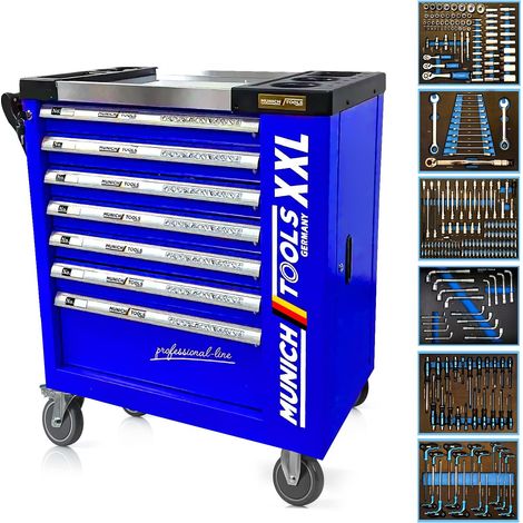 Servante d'Atelier MUNICH TOOLS XXL Cabinet 7/6 Bleu, sur 4 roulettes 7 tiroirs dont 6 outillés - 1 placard Latéral, Clé Dynamo