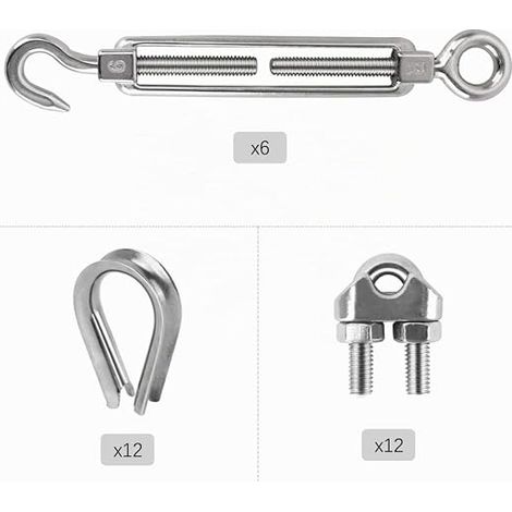 M6 Stainless Steel Cable Tensioner, 6 mm Steel Cable Ties Rings for Metal Cable, Hook Tensioner Kit for Curtains,Clothesline, Climbing Plant, Cable Suspension (1/4)