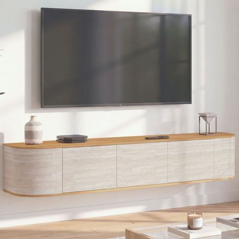 Mueble de televisión suspendido LEORA de 180 cm, con 3 puertas y acabado en travertino y madera (1/5)