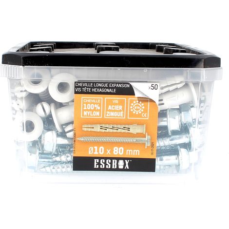 ESSBOX de 50 Chevilles Nylon Longue Expansion avec TH Embase 10X80 Acier (12 Plots) (1/2)