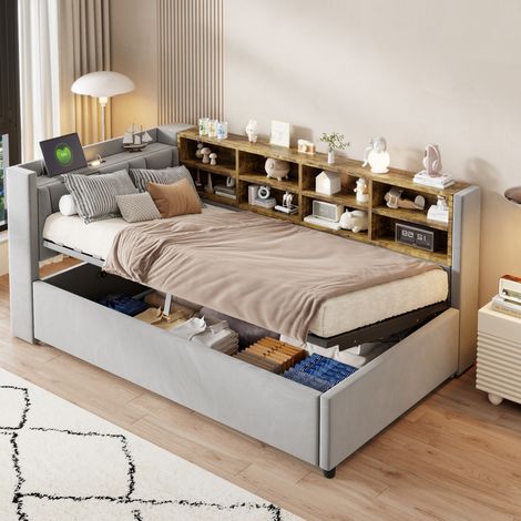 Cama 90x200 cm de terciopelo gris claro con almacenaje hidráulico, sin colchón – MEUBLIV (1/5)