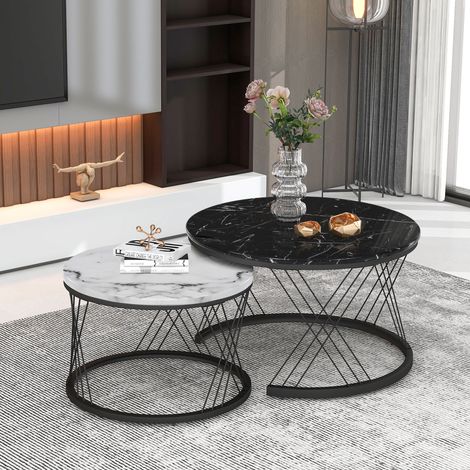 Set of 2 Round Coffee Tables, Set of 2 End Table, Metal Frame Legs, and Marble Pattern Top for Living Room - Black