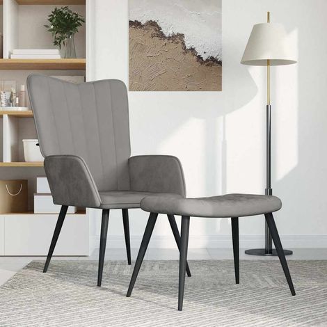 vidaXL Sillón de relax con taburete de terciopelo gris claro (1/5)