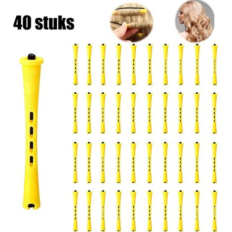 40 pièces - Boucles sans chaleur - Rouleaux à friser - Longs bigoudis jaunes - 0,7 x 8,2 cm - Sans chauffage - Avec couvercle et élastique - Convient aux cheveux longs et courts - Usage professionnel (1/5)