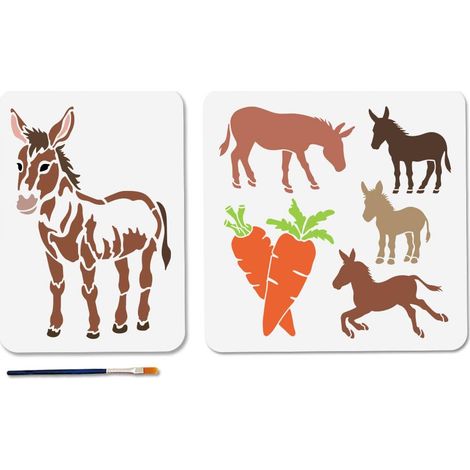 2PCS Pochoir Réutilisable en Forme D'Âne de Campagne 29.7×21/30×30cm Motif Carotte Modèles de Dessin avec Pinceau pour Décoration Murale en Bois Cadeau de Maison (1/5)